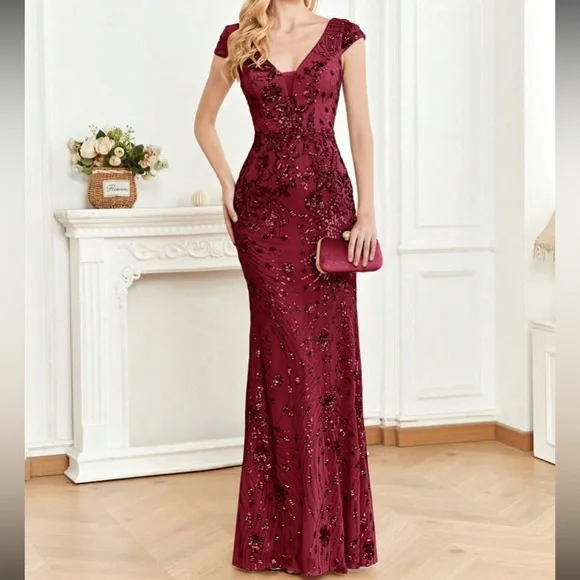 Luxe V neck sequin formal evening party dress - Picture 2 of 7